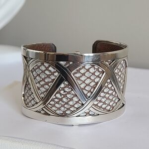 Vintage Brighton Boho Western Wide Chunky Leather Silver Tone Open Cuff Bracelet